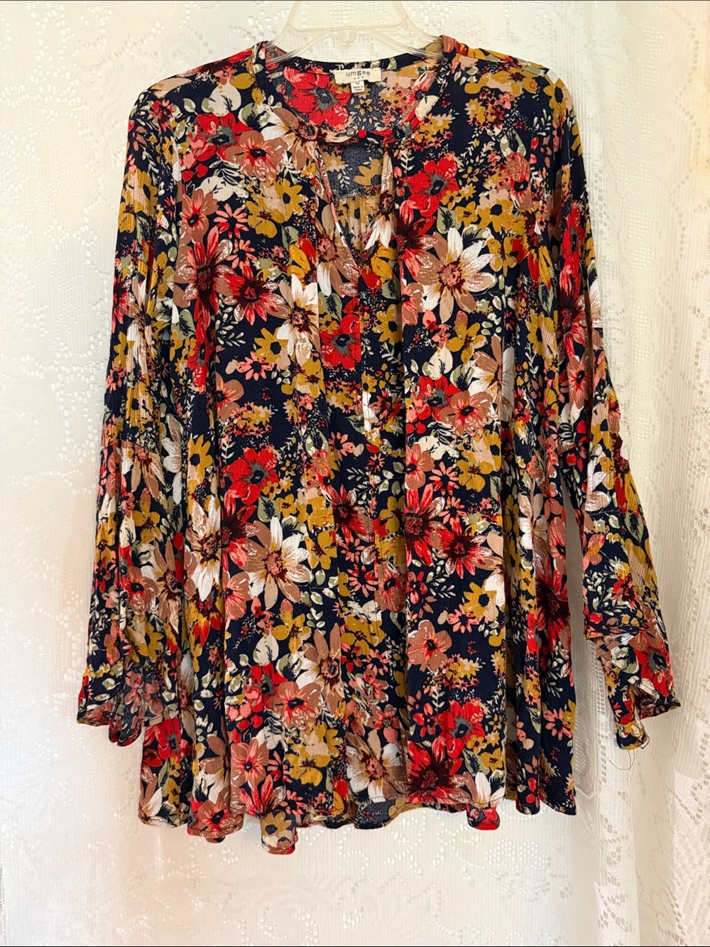 Umgee Navy Floral V-Neck Long Sleeve Blouse